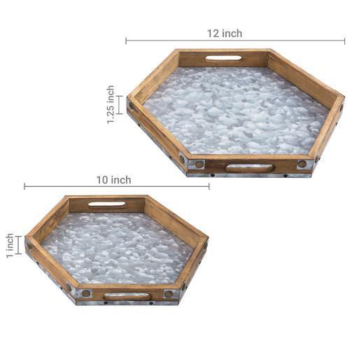 Rustic Brown Wood & Galvanized Iron Hexagon Serving Trays, Set of 2 - MyGift