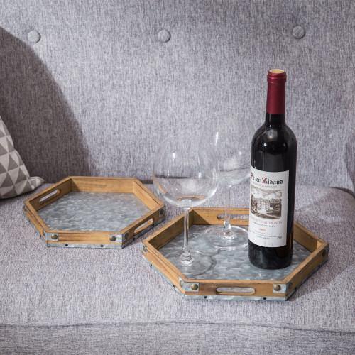 Rustic Brown Wood & Galvanized Iron Hexagon Serving Trays, Set of 2 - MyGift