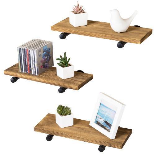 Rustic Brown Wood & Metal Pipe Floating Shelves, Set of 3 - MyGift