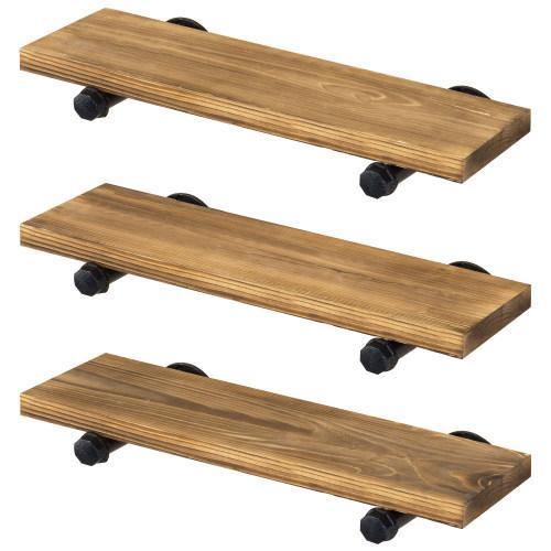 Rustic Brown Wood & Metal Pipe Floating Shelves, Set of 3 - MyGift