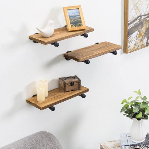 Rustic Brown Wood & Metal Pipe Floating Shelves, Set of 3 - MyGift