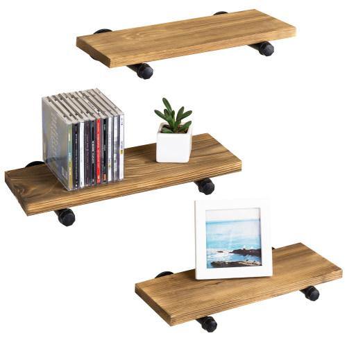 Rustic Brown Wood & Metal Pipe Floating Shelves, Set of 3 - MyGift