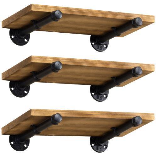 Rustic Brown Wood & Metal Pipe Floating Shelves, Set of 3 - MyGift