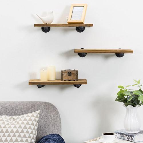 Rustic Brown Wood & Metal Pipe Floating Shelves, Set of 3 - MyGift