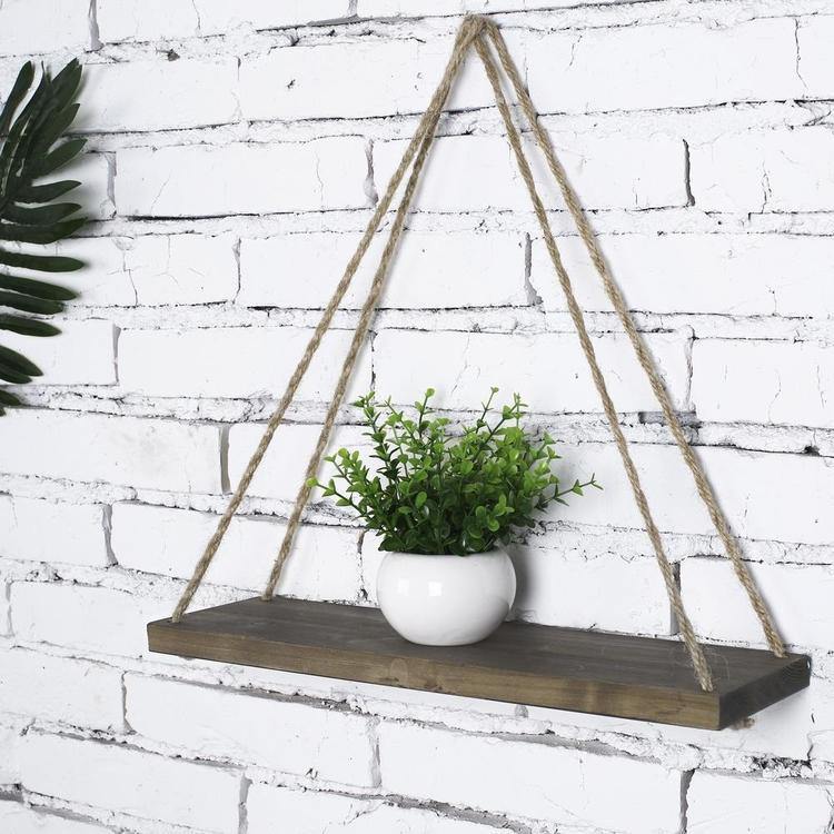 Rustic Brown Wood Rope-Hanging Swing Wall Shelves, Set of 4 - MyGift