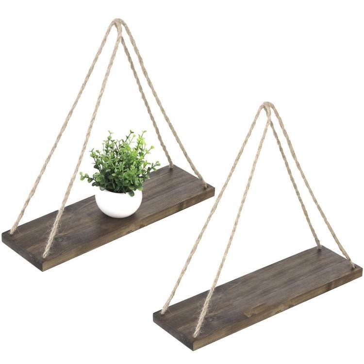 Rustic Brown Wood Rope-Hanging Swing Wall Shelves, Set of 4 - MyGift