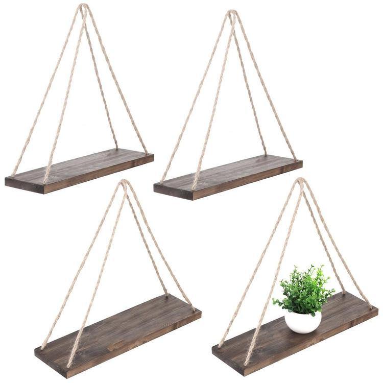 Rustic Brown Wood Rope-Hanging Swing Wall Shelves, Set of 4 - MyGift