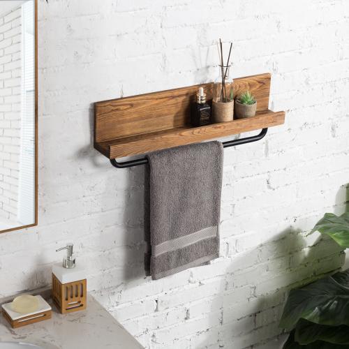 Rustic Burnt Wood & Metal Pipe Shelf with Towel Rack