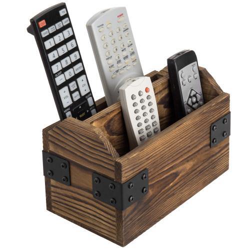 Rustic Dark Brown Burnt Solid Wood Remote Control Holder w/ Metal Accents - MyGift