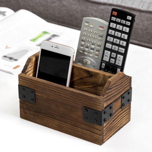 Rustic Dark Brown Burnt Solid Wood Remote Control Holder w/ Metal Accents - MyGift
