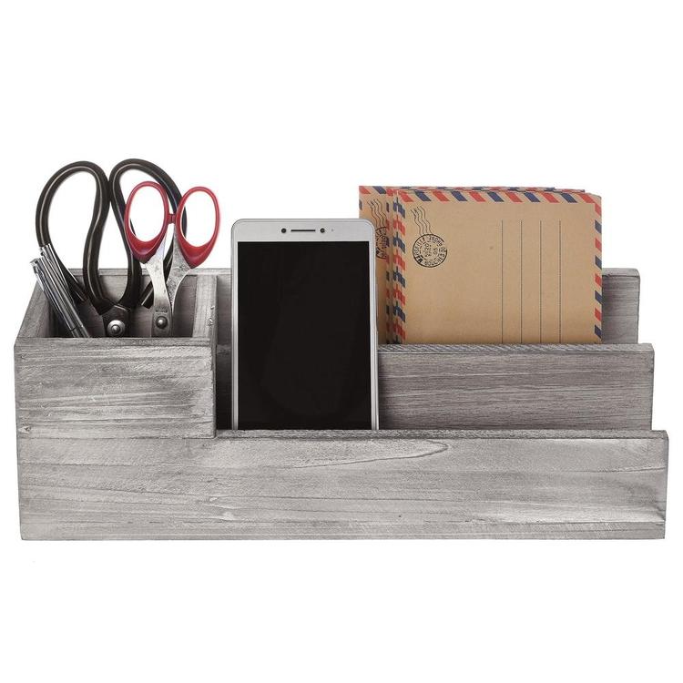2-Slot Rustic Whitewashed Gray Wood Desktop Office Supply Organizer - MyGift Enterprise LLC