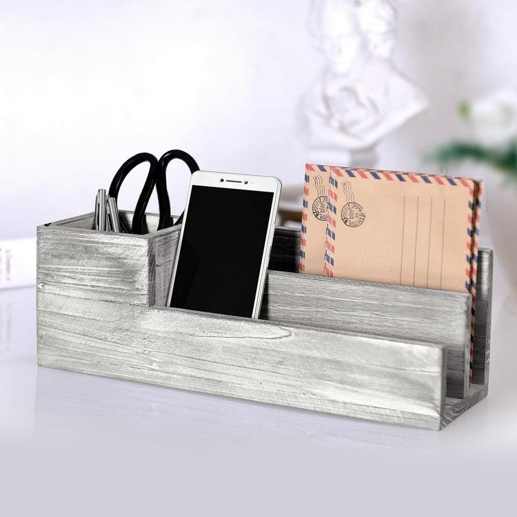 2-Slot Rustic Whitewashed Gray Wood Desktop Office Supply Organizer - MyGift Enterprise LLC