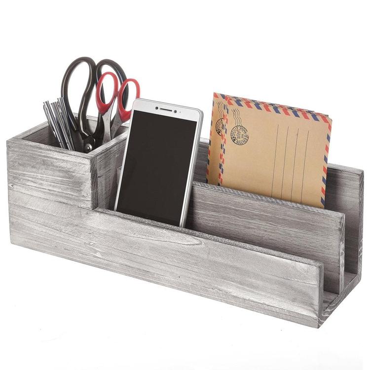 2-Slot Rustic Whitewashed Gray Wood Desktop Office Supply Organizer - MyGift Enterprise LLC