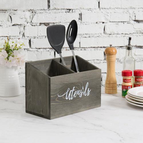 Rustic Gray Solid Wood Utensils Organizer - MyGift