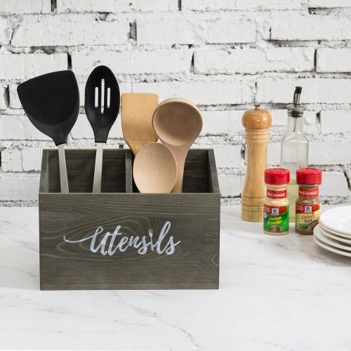 Rustic Gray Solid Wood Utensils Organizer - MyGift