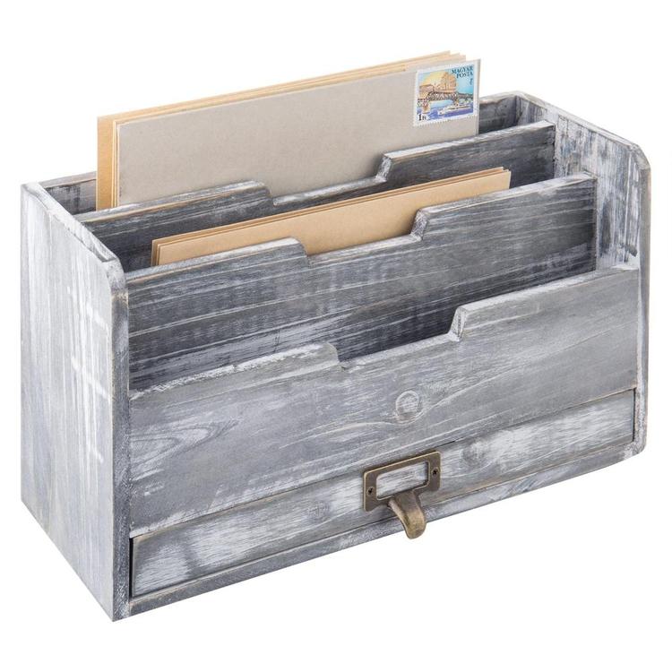 Rustic Gray Wood Desktop Mail Sorter with Pen & Pencil Drawer - MyGift Enterprise LLC