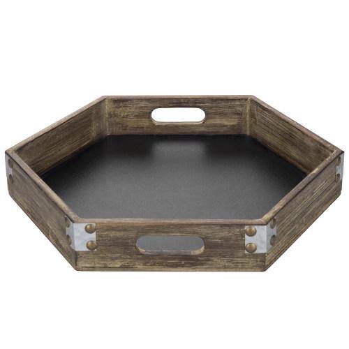 Rustic Gray Wood Hexagon Serving Tray with Chalkboard Surface & Metal Accents - MyGift
