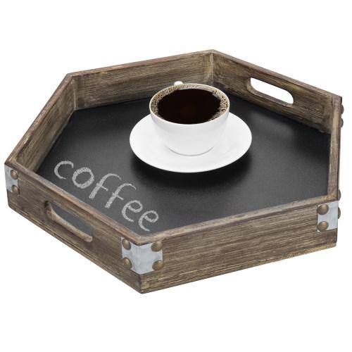 Rustic Gray Wood Hexagon Serving Tray with Chalkboard Surface & Metal Accents - MyGift