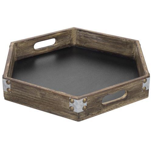 Rustic Gray Wood Hexagon Serving Tray with Chalkboard Surface & Metal Accents - MyGift