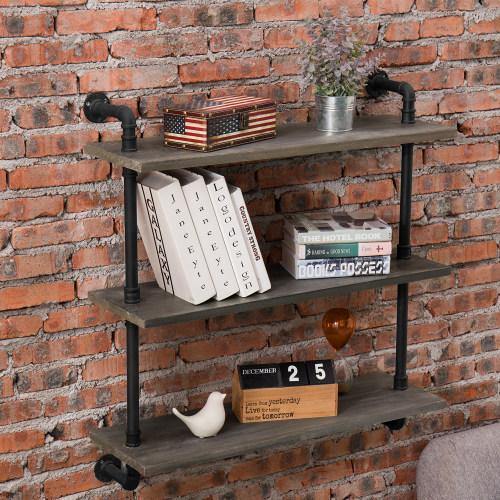 Rustic Gray Wood & Industrial Pipe Wall Mounted Shelving Unit - MyGift