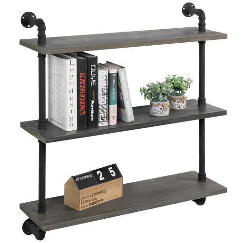 Rustic Gray Wood & Industrial Pipe Wall Mounted Shelving Unit - MyGift