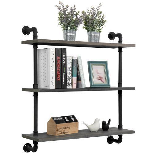 Rustic Gray Wood & Industrial Pipe Wall Mounted Shelving Unit - MyGift