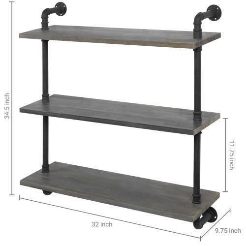 Rustic Gray Wood & Industrial Pipe Wall Mounted Shelving Unit - MyGift