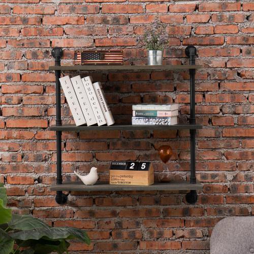 Rustic Gray Wood & Industrial Pipe Wall Mounted Shelving Unit - MyGift
