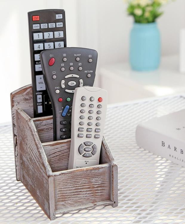 3 Slot Rustic Wood Remote Control Caddy / Office Supply Storage Rack, Brown - MyGift Enterprise LLC