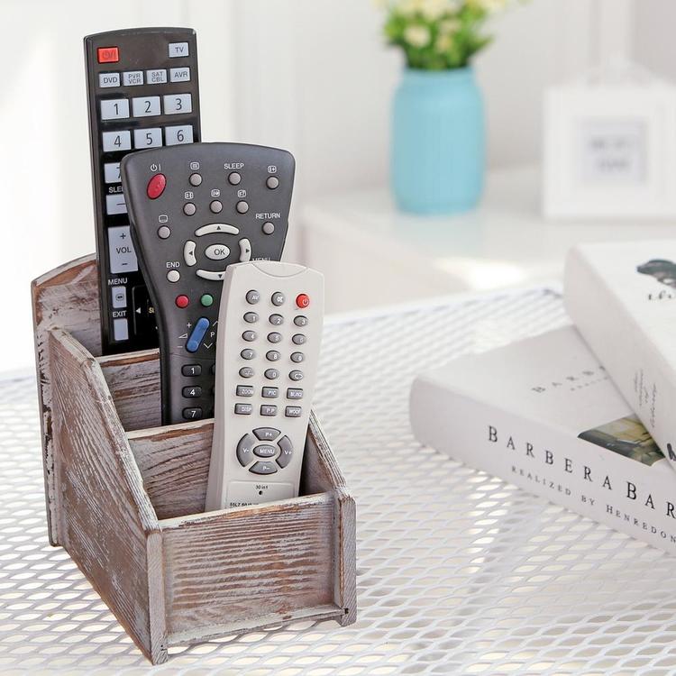 3 Slot Rustic Wood Remote Control Caddy / Office Supply Storage Rack, Brown - MyGift Enterprise LLC