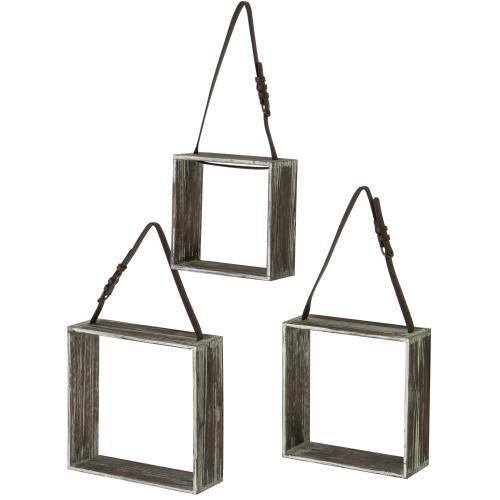 Rustic Torched Wood Display Shadow Boxes with Leatherette Hanging Straps, Set of 3 - MyGift