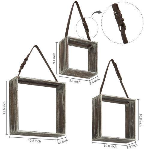 Rustic Torched Wood Display Shadow Boxes with Leatherette Hanging Straps, Set of 3 - MyGift