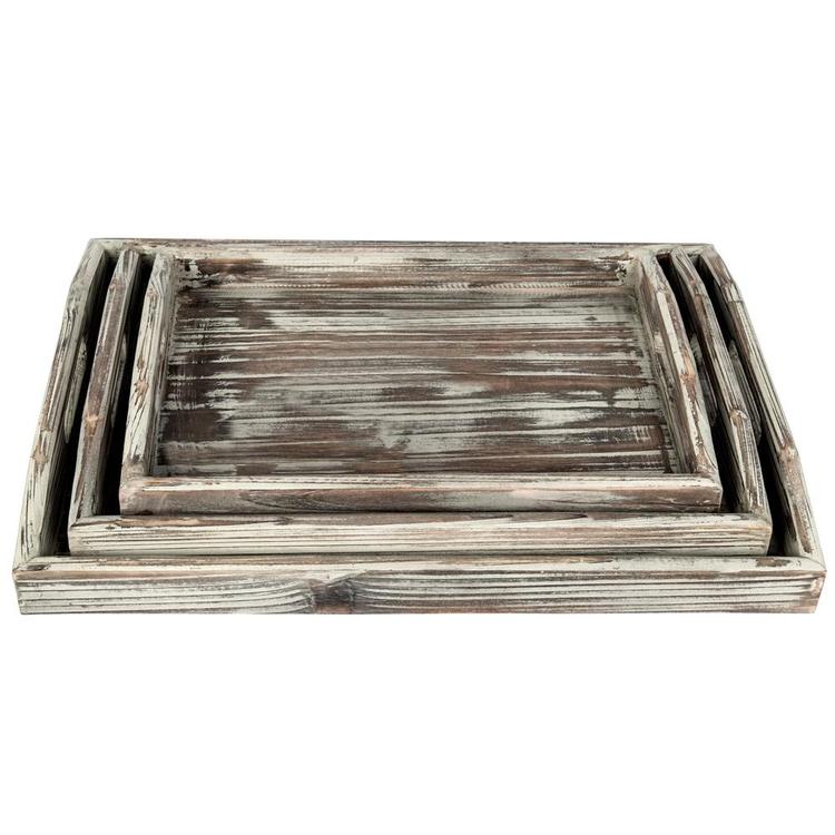 Rustic Torched Wood Nesting Breakfast Serving Trays with Handles, Set of 3 - MyGift Enterprise LLC