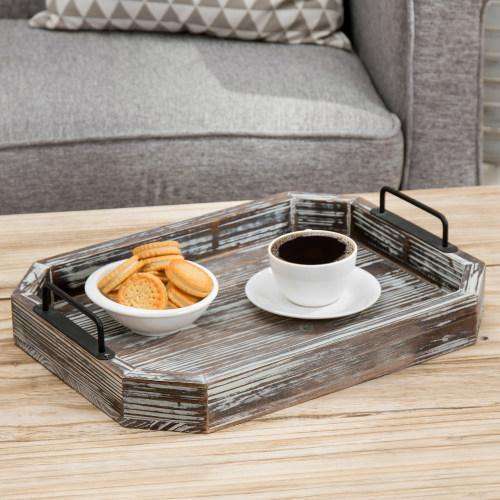 Rustic Torched Wood Serving Tray with Black Metal Handles - MyGift