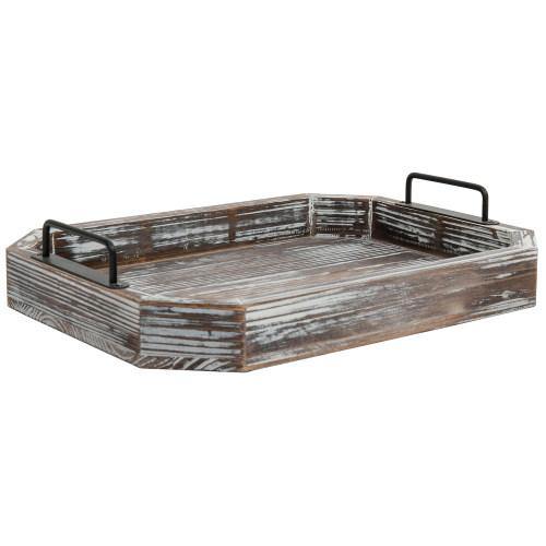Rustic Torched Wood Serving Tray with Black Metal Handles - MyGift