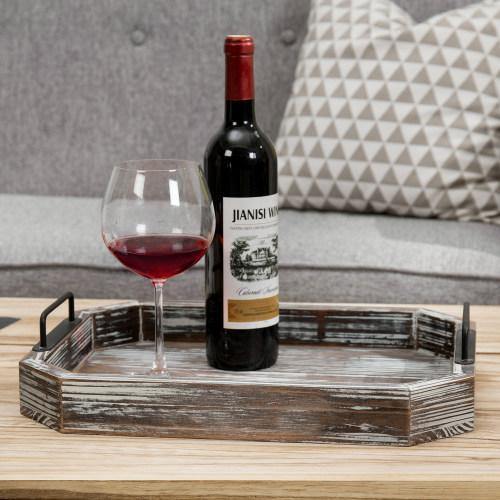 Rustic Torched Wood Serving Tray with Black Metal Handles - MyGift