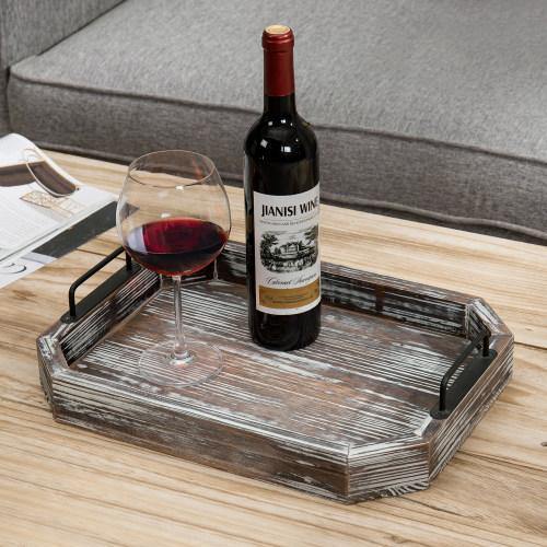 Rustic Torched Wood Serving Tray with Black Metal Handles - MyGift