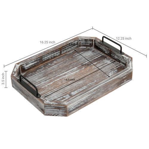 Rustic Torched Wood Serving Tray with Black Metal Handles - MyGift