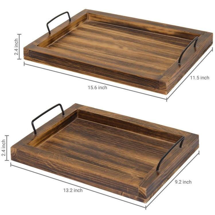 LotFancy Rustic Wood Serving Trays, Set of 2, Large Rectangle White Nesting  Food Trays with Metal Handles 