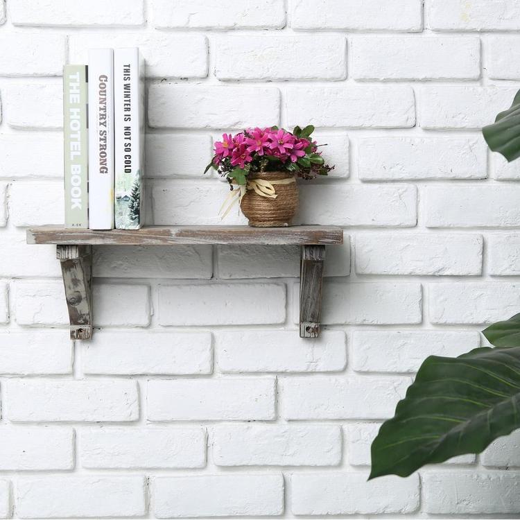 Rustic Torched Wood Wall-Mounted Display Shelves with Wooden Brackets, Set of 2 - MyGift Enterprise LLC