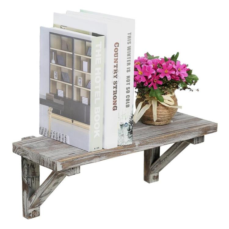 Rustic Torched Wood Wall-Mounted Display Shelves with Wooden Brackets, Set of 2 - MyGift Enterprise LLC