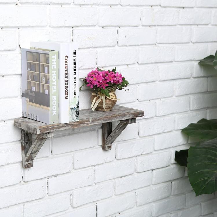 Rustic Torched Wood Wall-Mounted Display Shelves with Wooden Brackets, Set of 2 - MyGift Enterprise LLC