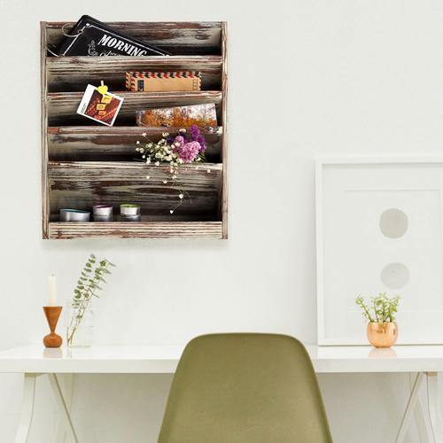 Rustic Torched Wood Wall Mounted Filing Organizer, Magazine Rack - MyGift