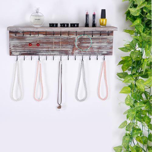 Rustic Torched Wood Wall Mounted Jewelry Rack w/Storage Shelf - MyGift