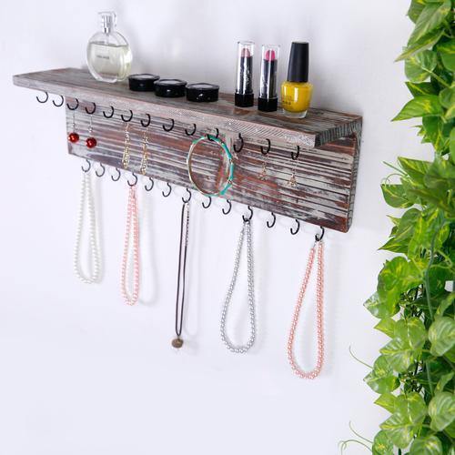 Rustic Torched Wood Wall Mounted Jewelry Rack w/Storage Shelf - MyGift
