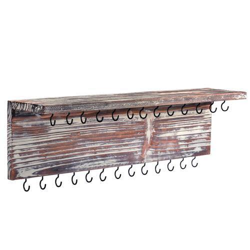 Rustic Torched Wood Wall Mounted Jewelry Rack w/Storage Shelf - MyGift