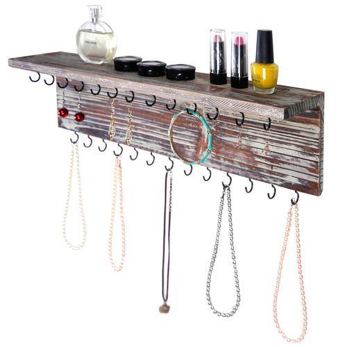 Rustic Torched Wood Wall Mounted Jewelry Rack w/Storage Shelf - MyGift