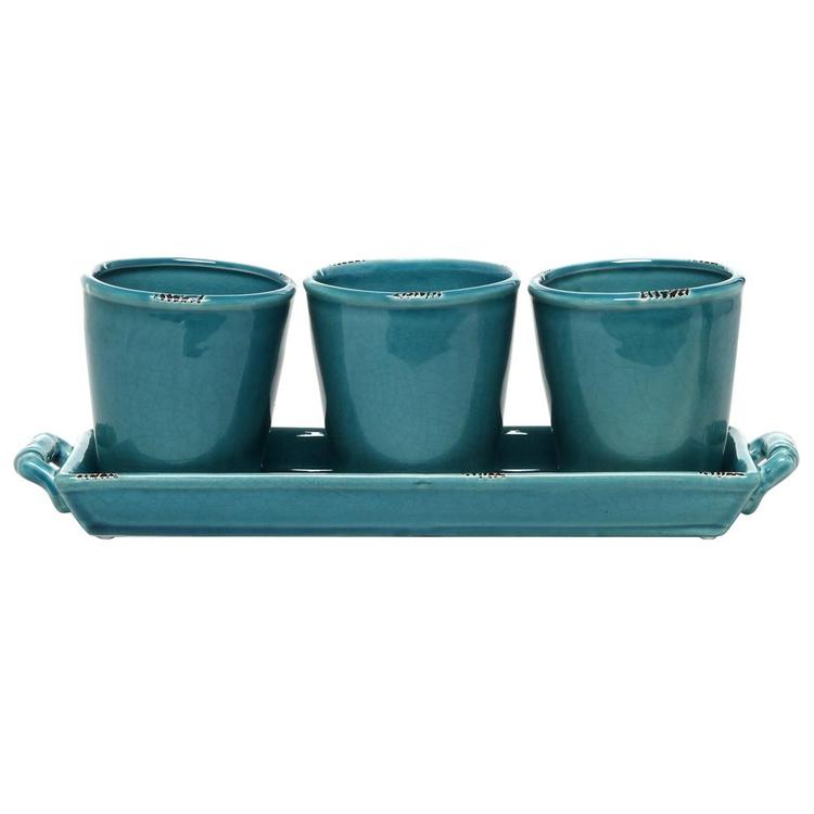 Rustic Turquoise Ceramic Succulent Planters & Handled Display Tray, Set of 3 - MyGift Enterprise LLC