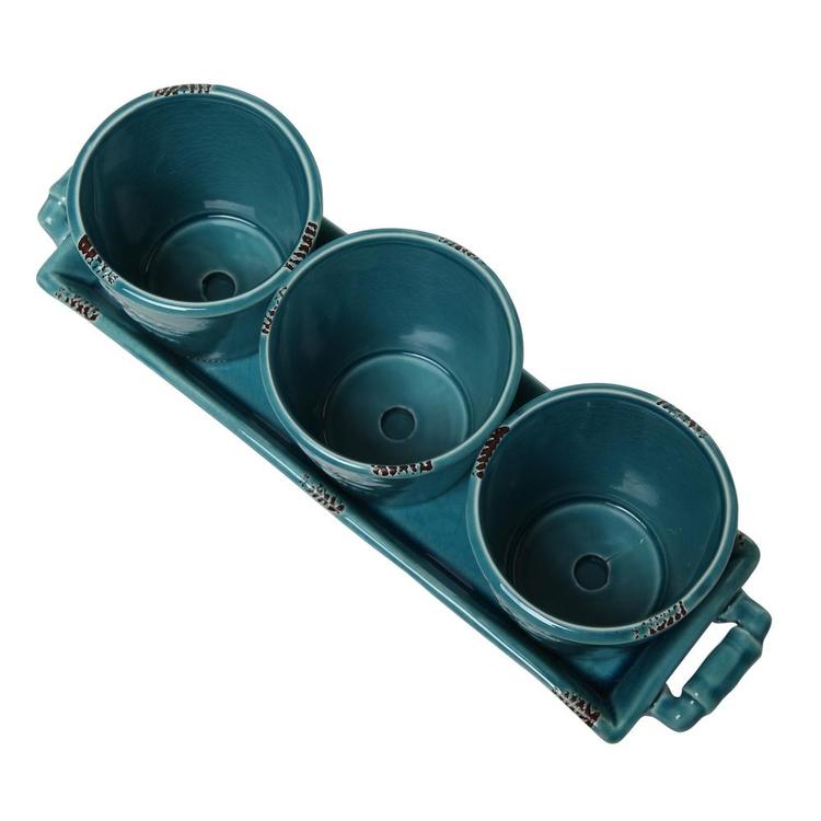 Rustic Turquoise Ceramic Succulent Planters & Handled Display Tray, Set of 3 - MyGift Enterprise LLC