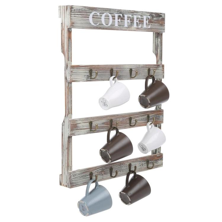 12-Hook Rustic Wall-Mounted Wood Coffee Mug Holder, Kitchen Storage Rack, Brown - MyGift Enterprise LLC